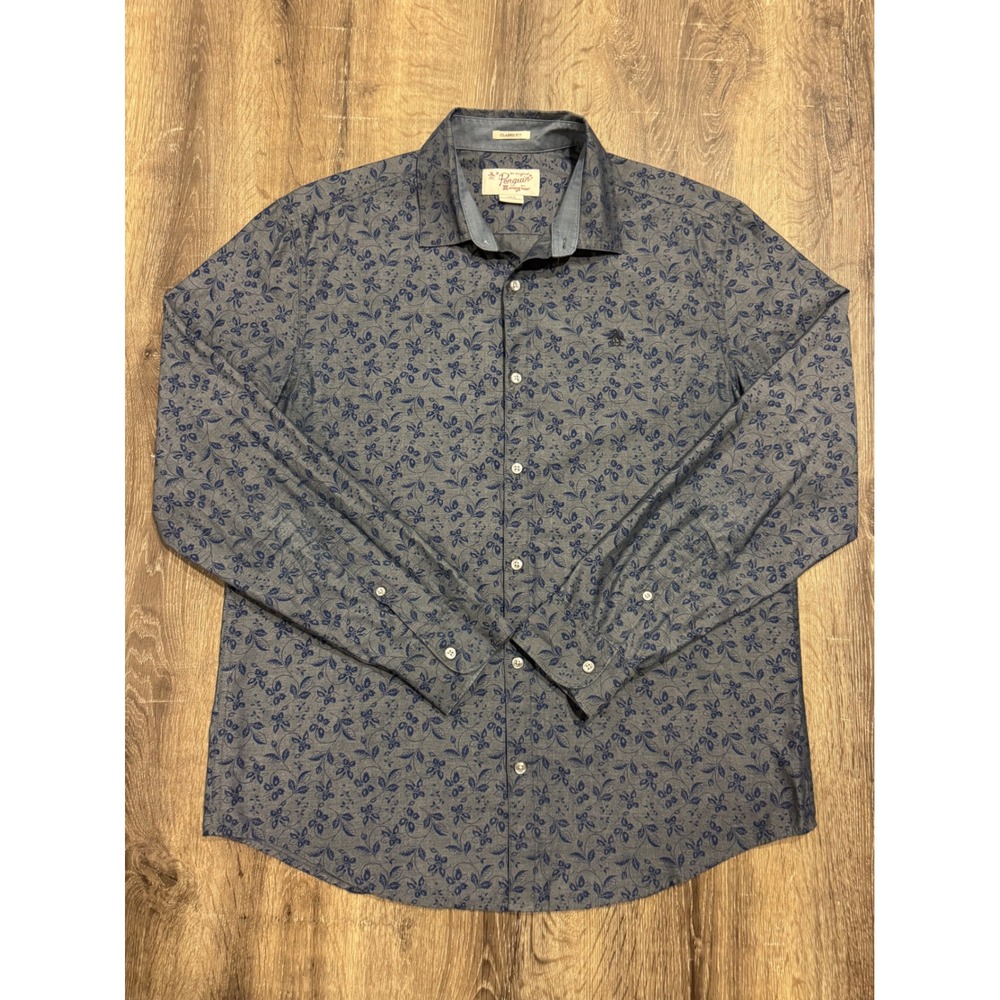 Original Penguin Mens L Blue Floral Button Down Shirt Classic Fit Long Sleeve